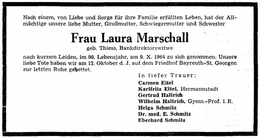 Thiess Laura 1875-1964 Todesanzeige